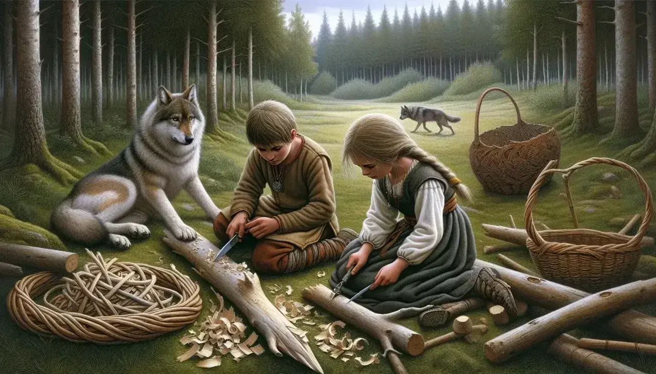 Two Viking children, a boy carving wood and a girl weaving a basket, in a forest clearing with a longhouse and a watchful dog nearby.