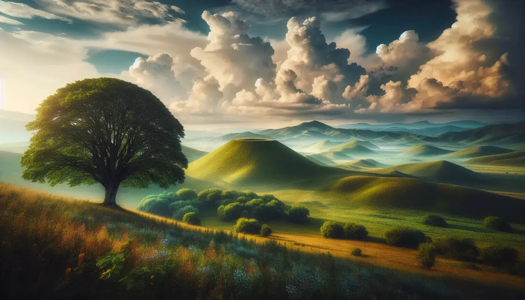 Paesaggio naturale con collina erbosa, cielo azzurro con nuvole, albero solitario e campo di fiori selvatici, evocando 'L'Infinito' di Leopardi.