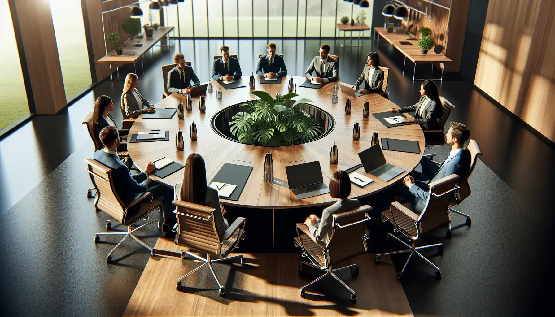 Diverse group of professionals in a meeting around a large wooden table with laptops, water bottles, and notepads in a well-lit office with abstract art.