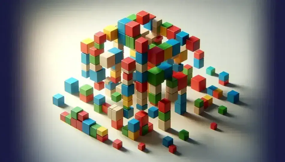 Struttura tridimensionale composta da blocchi di legno colorati in forme geometriche, impilati in modo creativo su sfondo neutro.