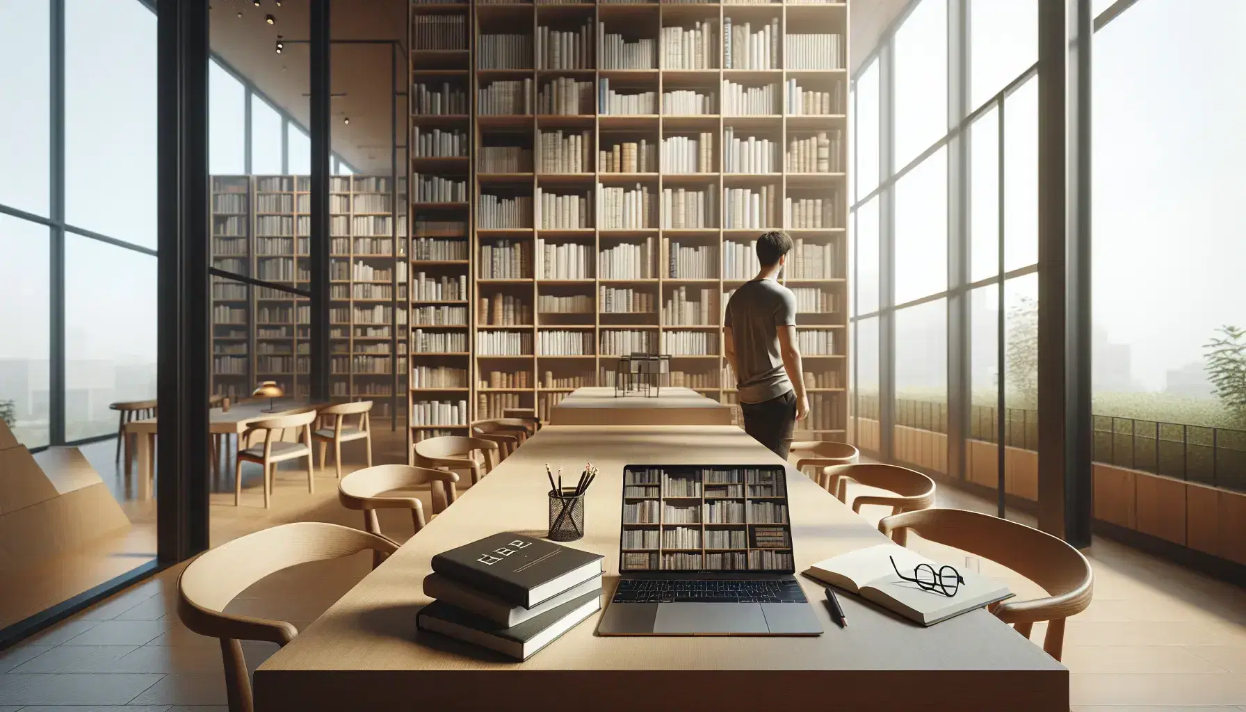Biblioteca moderna con estanterías altas llenas de libros, mesa de madera con laptop abierta, gafas y cuaderno, y persona eligiendo un libro.