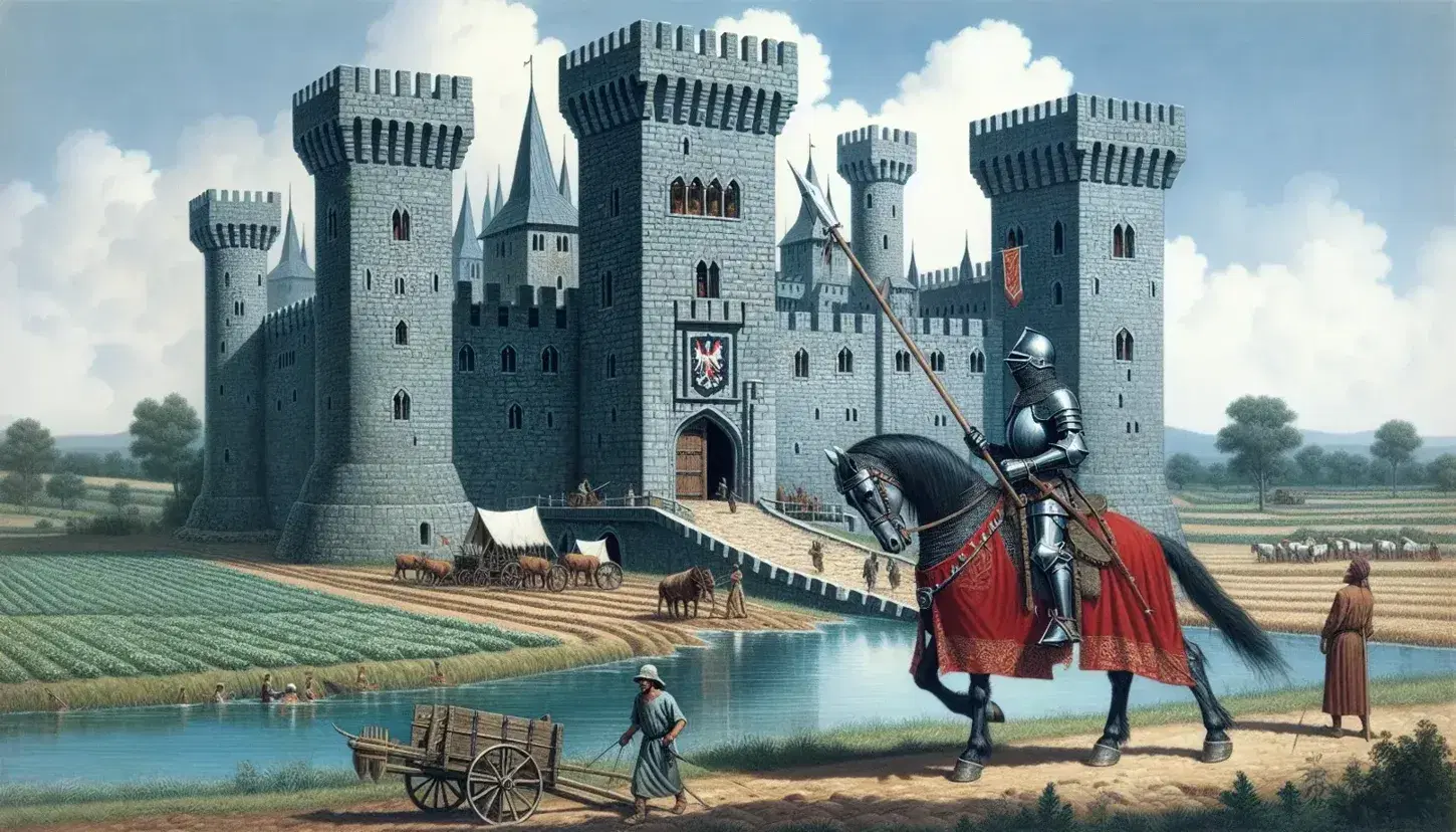 Castello medievale in pietra grigia con torri merlate e ponte levatoio chiuso, circondato da fossato, cavaliere in armatura su cavallo con drappo rosso, lancia e scudo, contadini al lavoro nei campi sullo sfondo, cielo azzurro con nuvole.