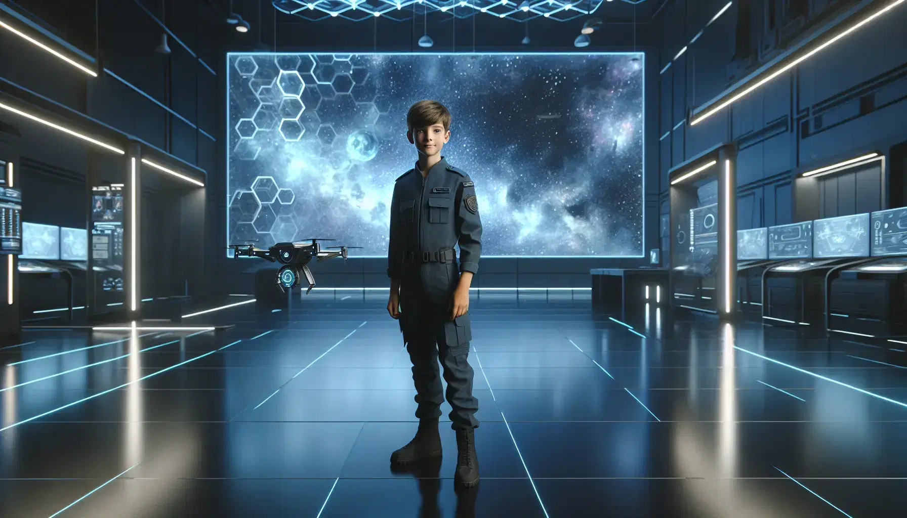 Young boy in futuristic training room with holographic displays and drone, surrounded by technology and a starfield screen, evoking space exploration.