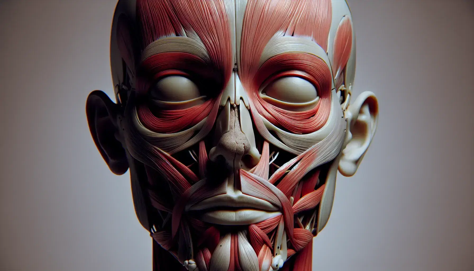 Cabeza de maniquí de anatomía humana sin piel mostrando músculos del cráneo en tonos rojos y rosas, con músculos orbiculares de los ojos y de la nariz y boca visibles.