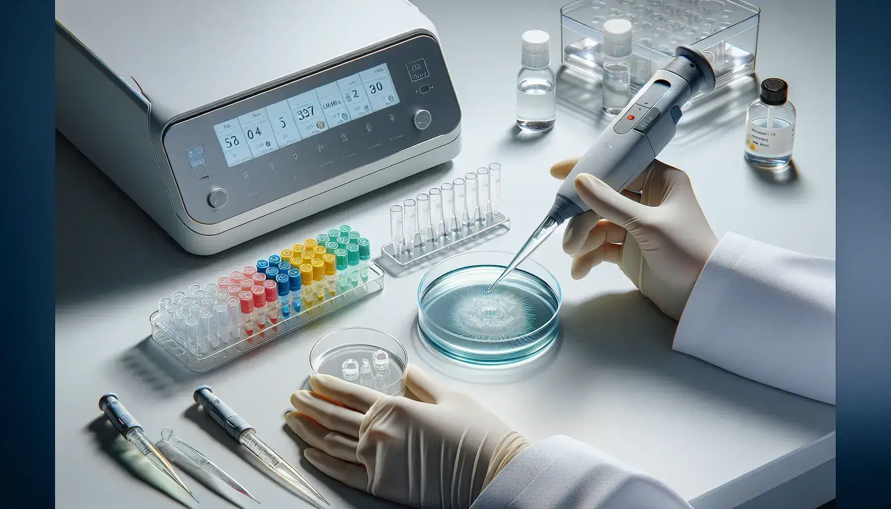 Scientist's hands in latex gloves handling a petri dish with agarose gel on a lab bench, next to colorful micropipettors and a microcentrifuge.