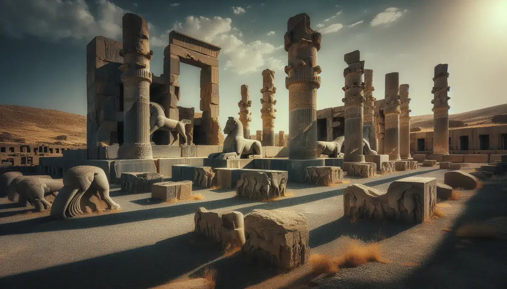 Rovine di Persepolis con colonne in pietra e capitelli a forma di animali sotto un cielo azzurro, gradini antichi in lontananza.