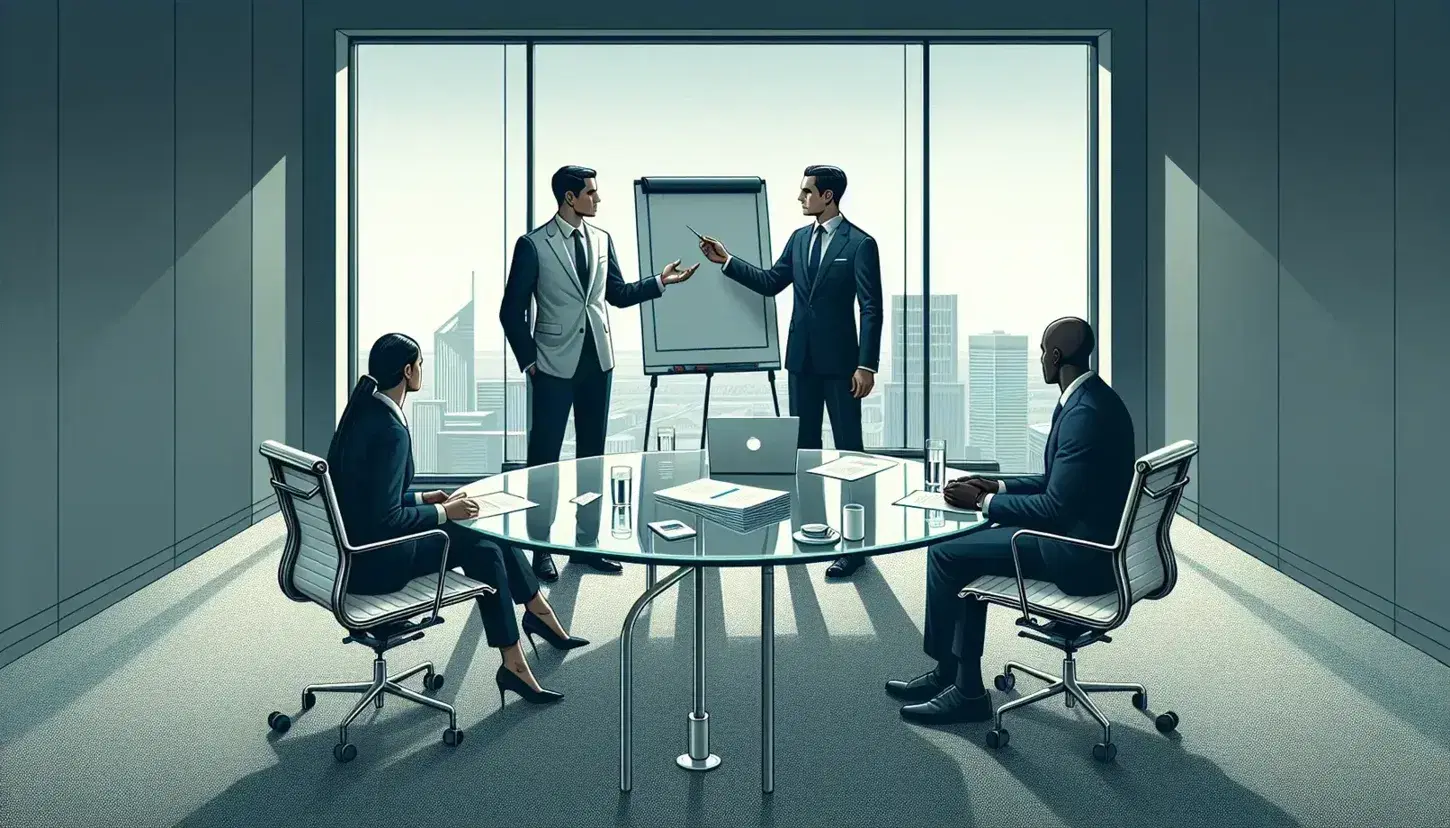 Three professionals in suits engage in a meeting around a glass table with a laptop and whiteboard in a well-lit office with a city view.