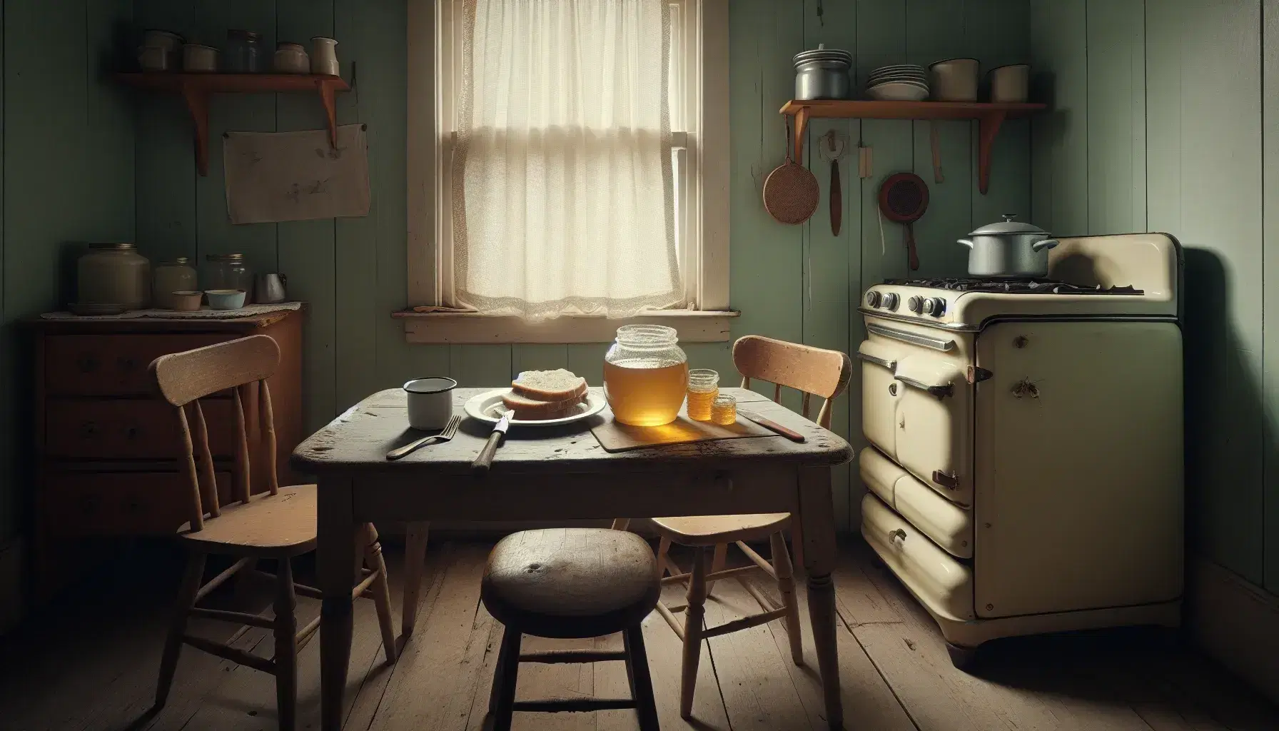 Vintage kitchen with faded mint green walls, a wooden table with honey jar, half-eaten bread, and a retro stove, exuding a cozy, nostalgic atmosphere.