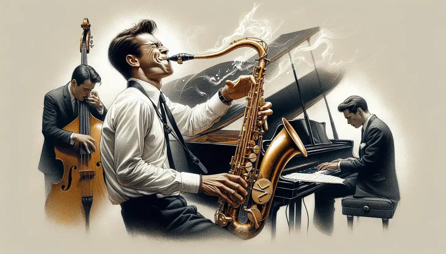 Gruppo jazz in azione con sassofonista, pianista, contrabbassista e batterista in un ambiente intimo e illuminato.