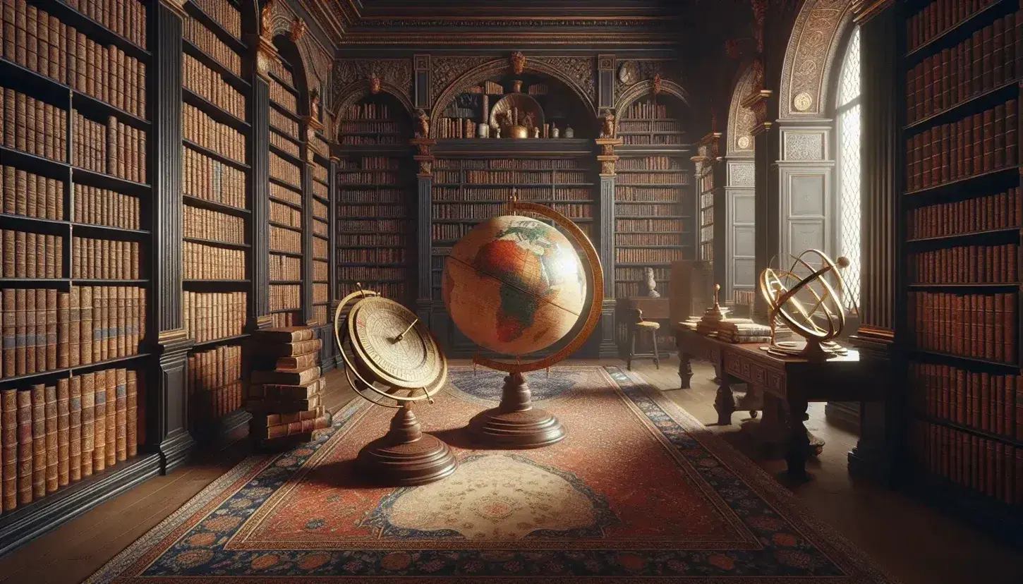 Biblioteca antica con scaffali in legno scuro e libri rilegati, globo terrestre al centro, astrolabe in ottone su tavolo e statua marmorea di filosofo.