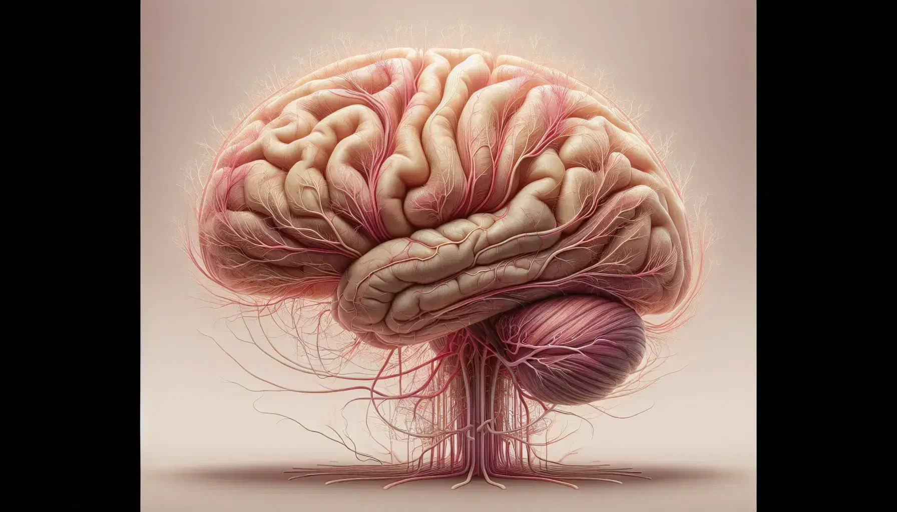 Lateral representation of the human brain with the left hemisphere, cerebellum and brain stem, surrounded by a network of peripheral nerves.