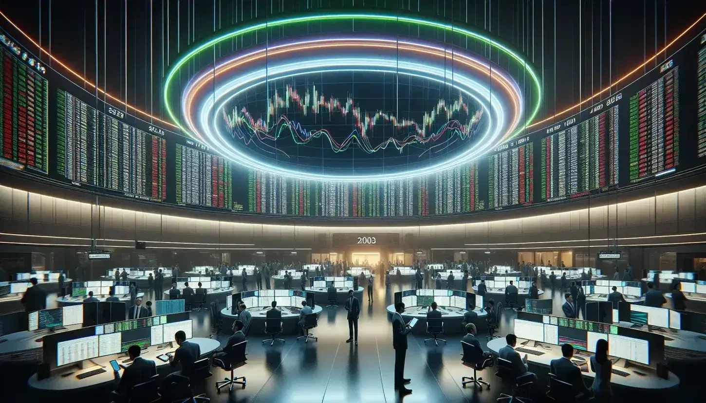 Scena di attività di trading in borsa con operatori concentrati su dispositivi elettronici e schermi con grafici in tempo reale.