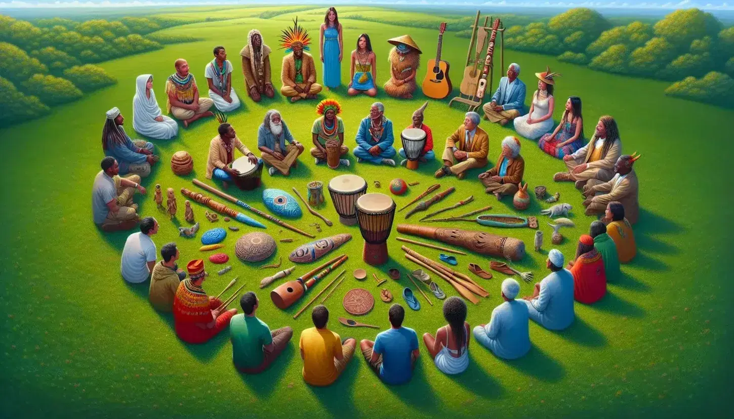 Gruppo multietnico seduto in cerchio su prato verde con strumenti musicali e oggetti artistici culturali, sotto cielo azzurro con nuvole sparse.