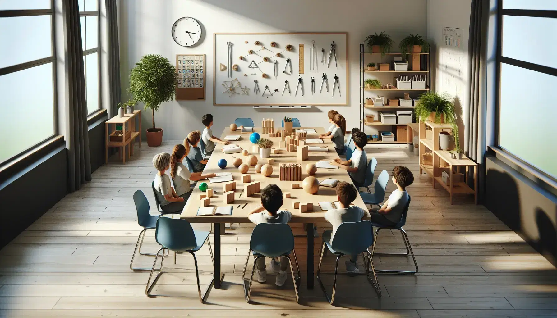 Aula luminosa con tavolo in legno, sedie ergonomiche blu, materiale didattico, lavagna bianca, pianta verde e studenti concentrati.