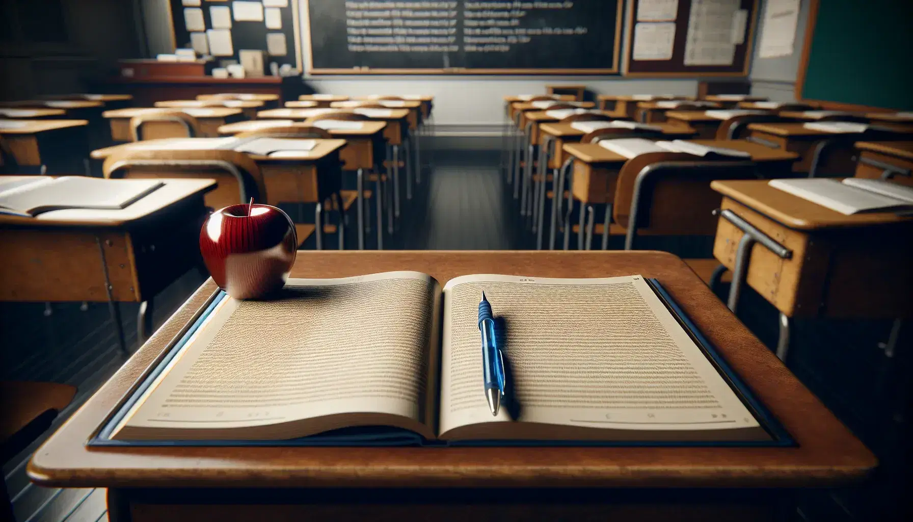 Classroom with teacher's desk featuring an open textbook and glossy red apple, student desks with blank papers and pens, and an unmarked chalkboard.