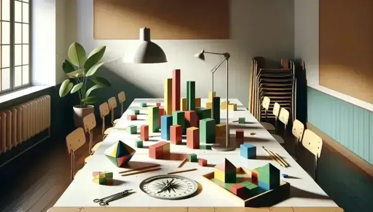 Aula con tavolo contenente blocchi colorati di legno, lampada, compasso e pianta, sedie impilate sullo sfondo, luce naturale dalla finestra.