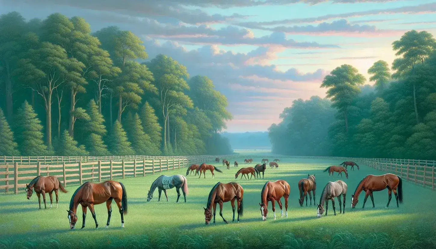 Serene pasture with retired racehorses grazing at dawn or dusk, wooden fence in view, and a backdrop of dense, leafy trees under a pastel sky.