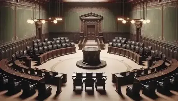 Sala assembleare antica con sedie in legno scuro disposte a semicerchio intorno a un podio centrale, illuminata da lampadari, senza finestre.
