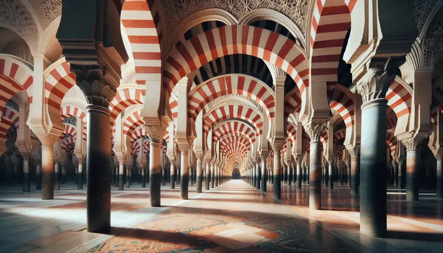 Great Mosque of Córdoba interior showcasing rhythmic red and white horseshoe arches, intricate marble column carvings, and a warm, reflective stone floor.