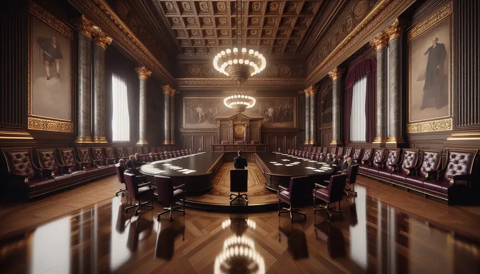 Sala formale con tavolo ovale in legno, sedie in pelle bordeaux, colonne in marmo e lampadari di cristallo, con persona in abito scuro.