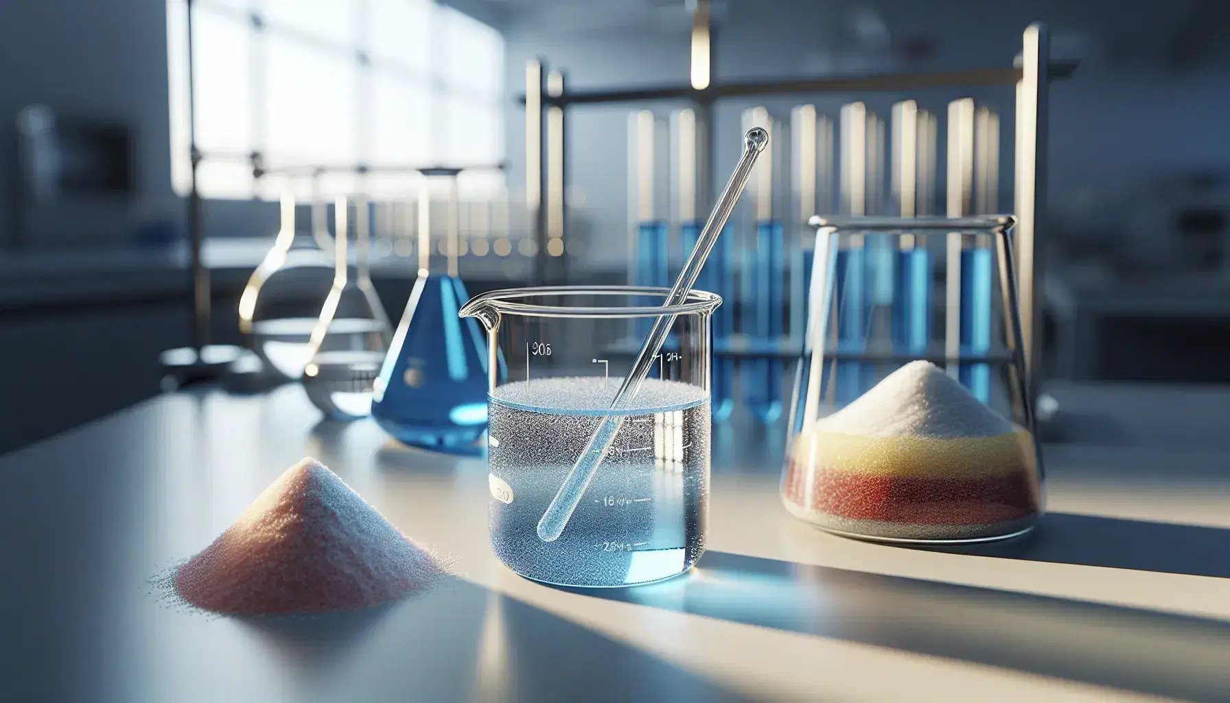 Glass beaker with homogeneous blue liquid on laboratory bench, glass rod on the left and pile of white crystals on the right, second blurry beaker with layered colored sands in the background.