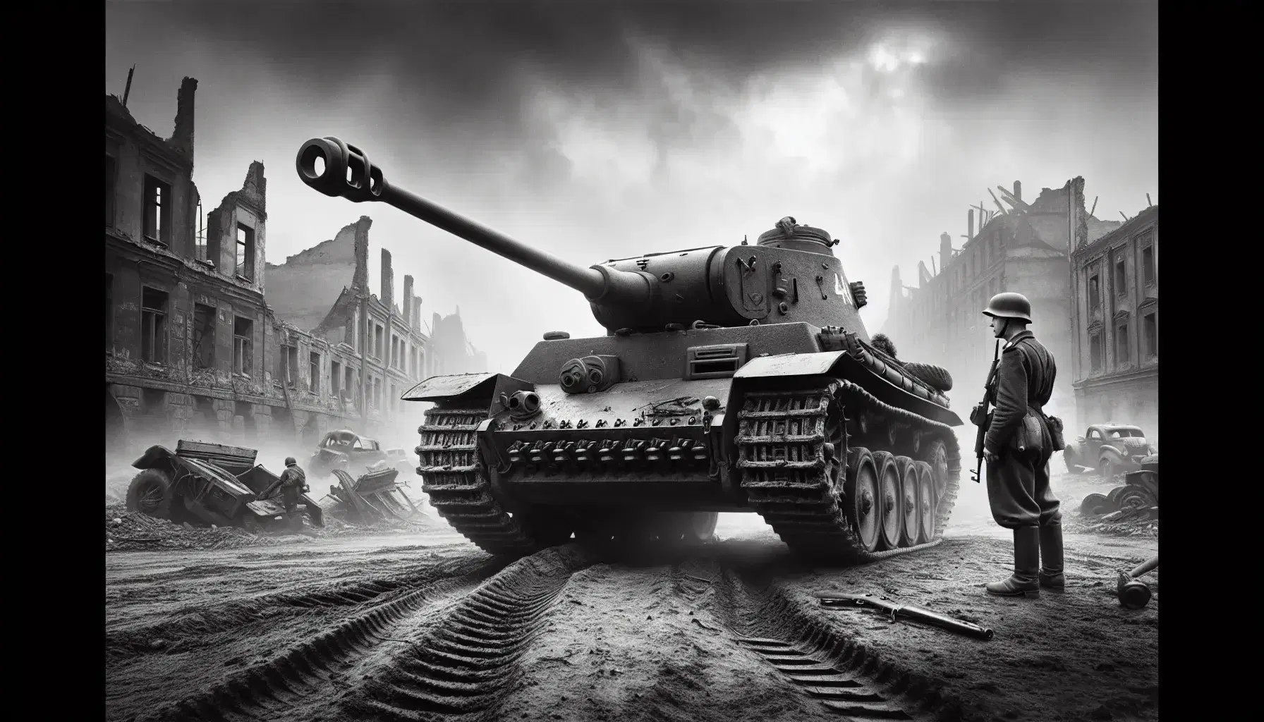 Carro armato della seconda guerra mondiale su terreno sconnesso con soldato in uniforme e rovine urbane sullo sfondo.