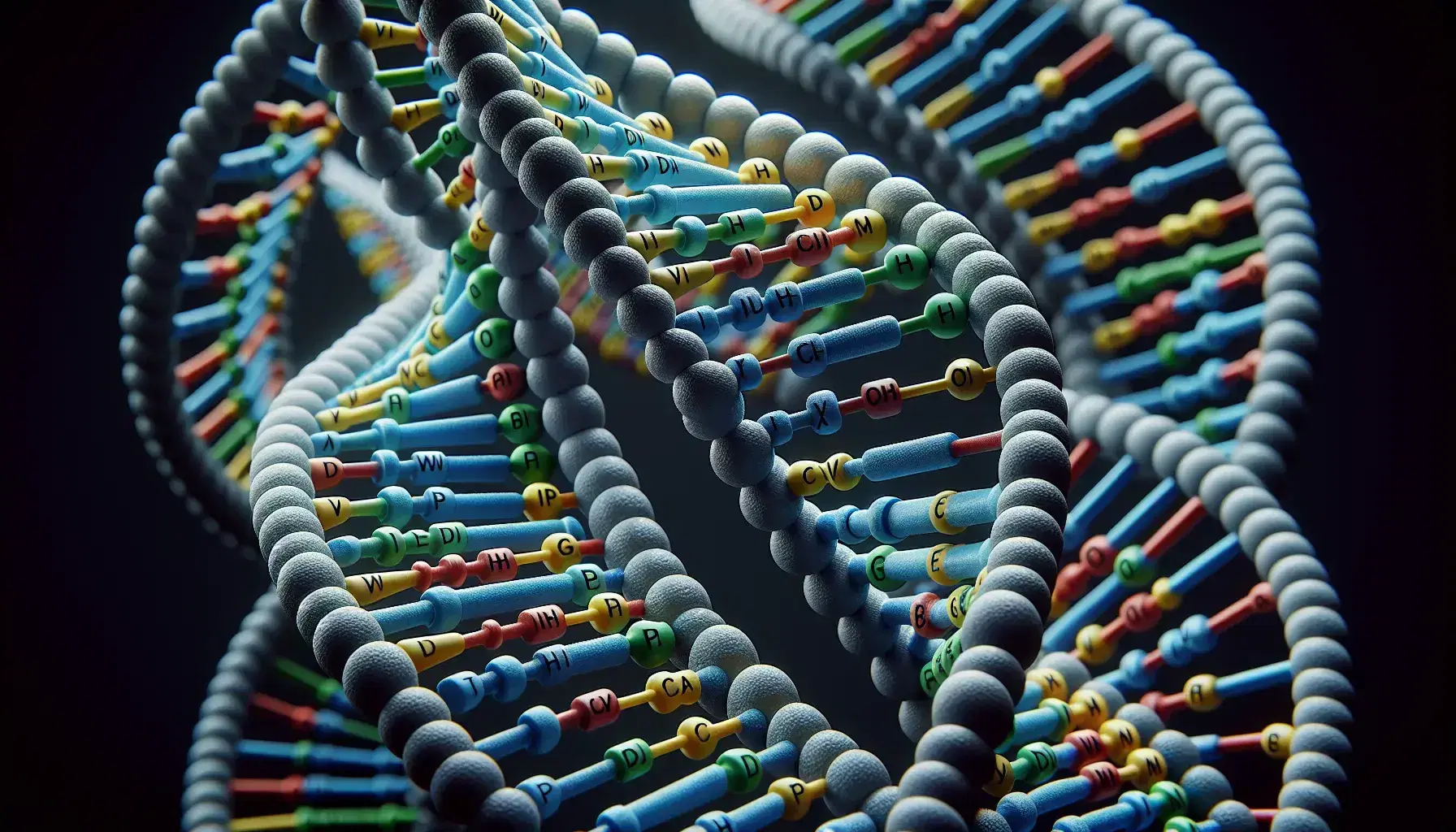 Three-dimensional model of double helix DNA with colored nitrogenous bases that respect the pairing rules, on a blurred background.