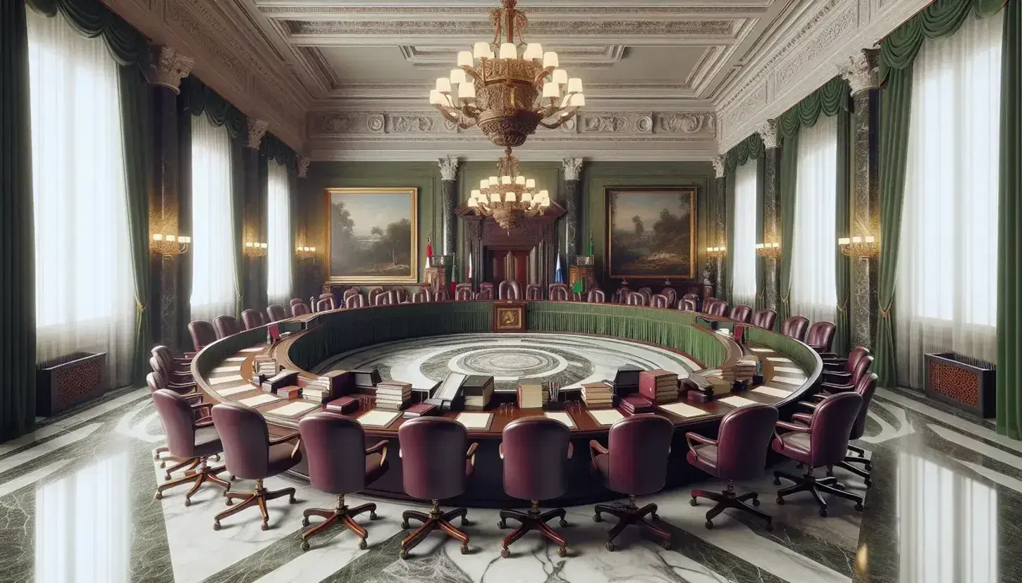 Aula vuota della Corte Costituzionale Italiana con scrivania semicircolare, sedie in pelle bordeaux e lampadari classici.