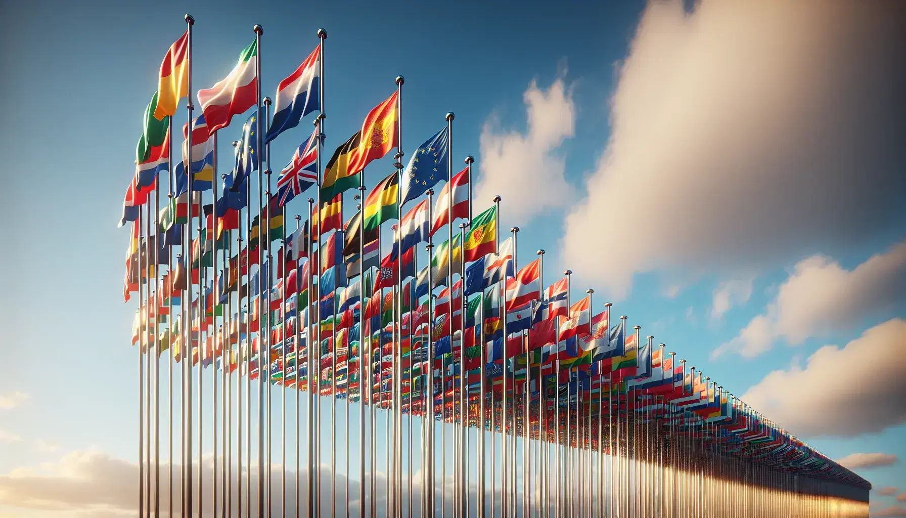 Bandiere dei paesi membri dell'Unione Europea sventolano in fila su un'asta contro un cielo azzurro con nuvole sparse.