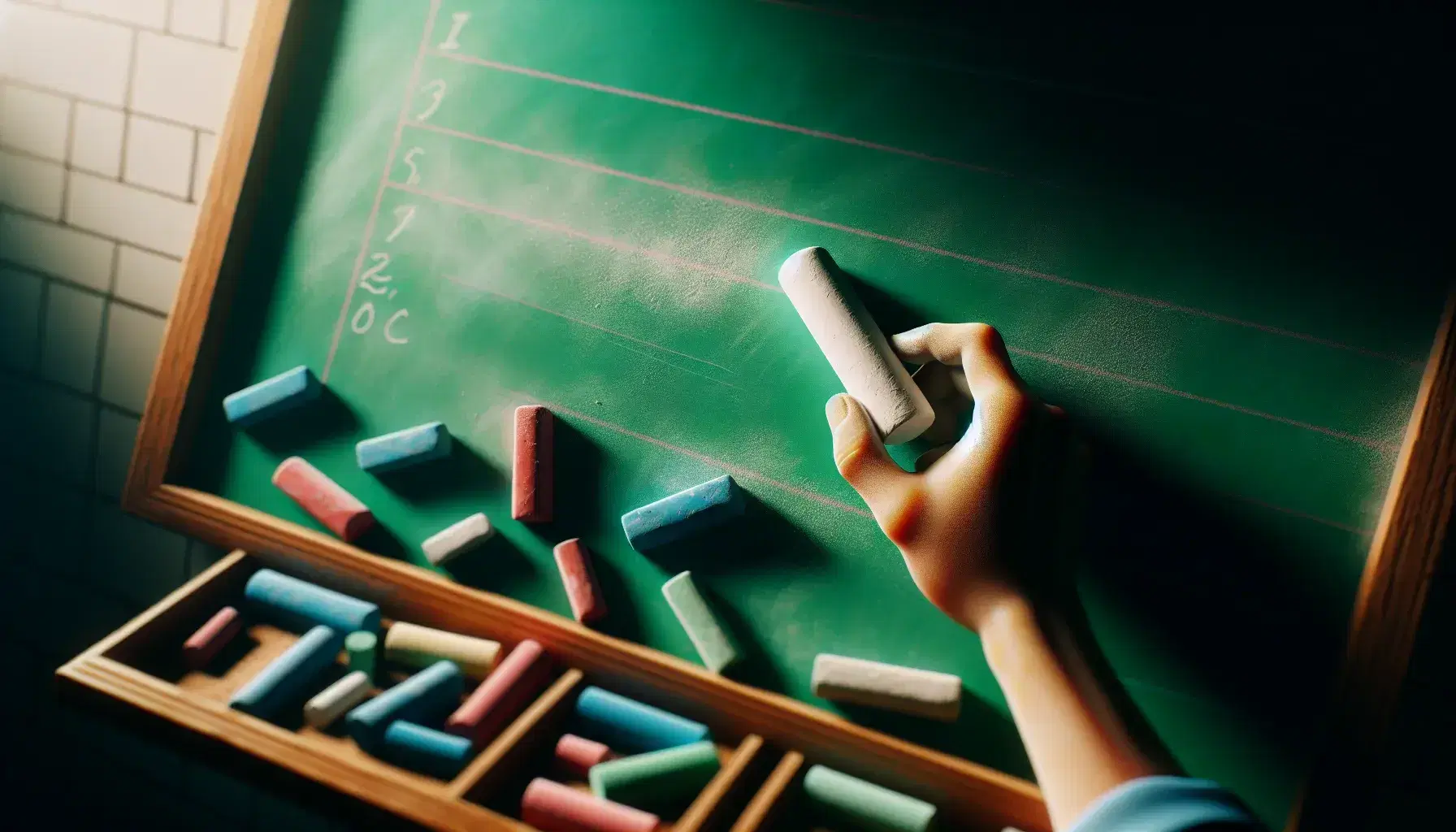 Close-up view of a hand holding white chalk above a clean green chalkboard, with colorful chalk and a used eraser on the ledge.