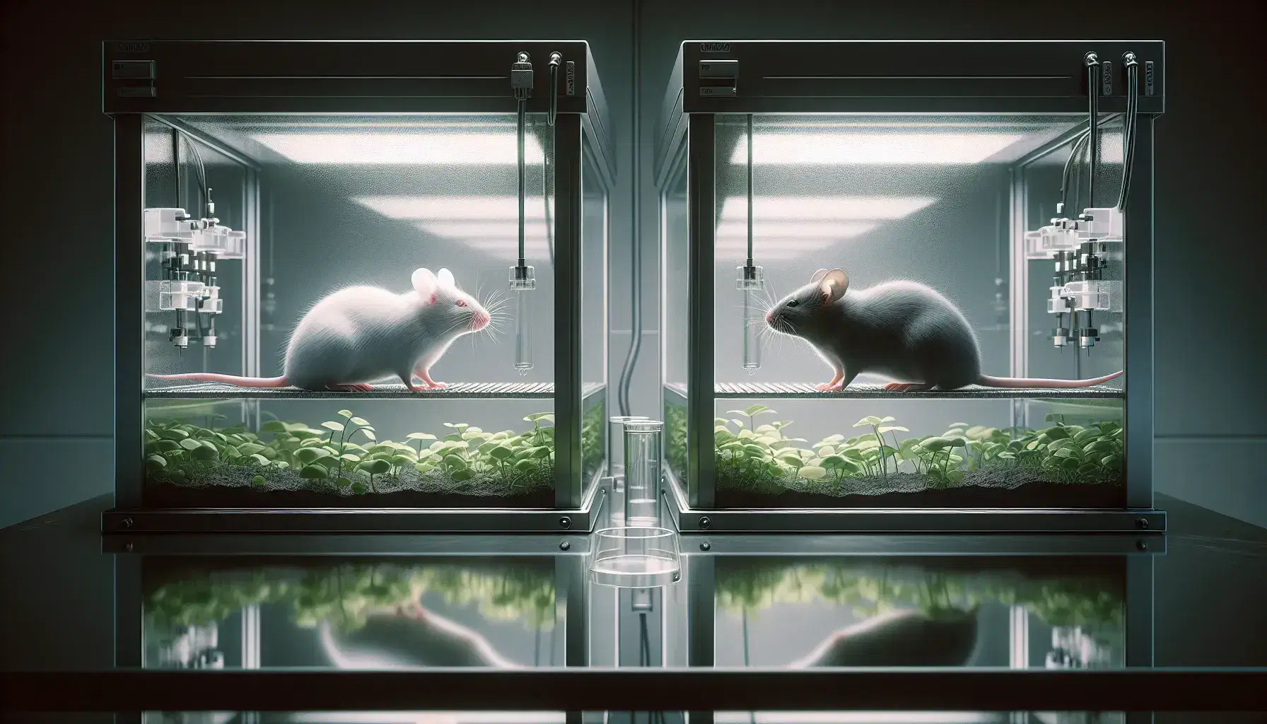Two pairs of mice in controlled laboratory environments, one white and one black, display natural behaviors among fuzzy plants.