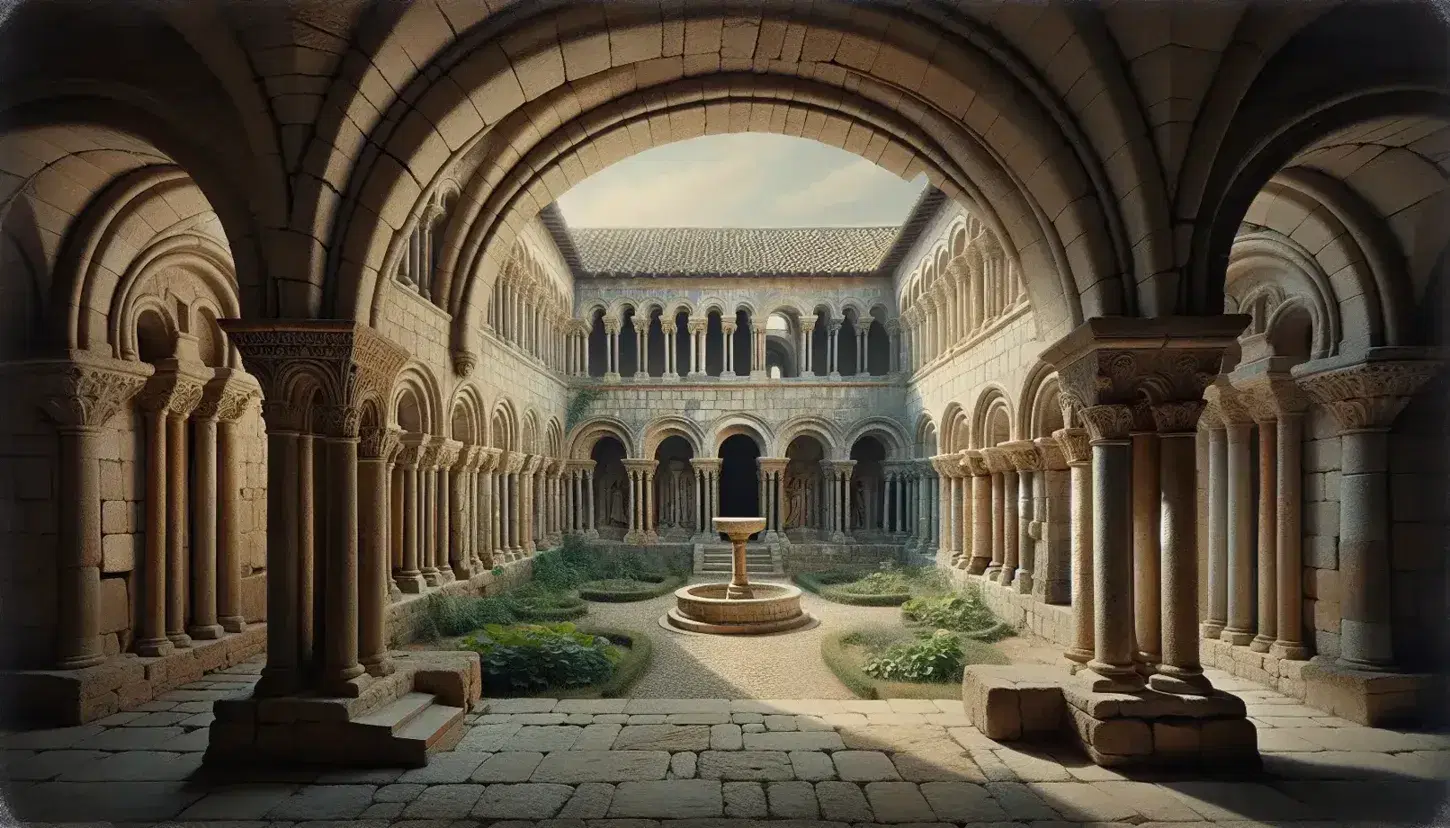 Interno di un monastero medievale con architettura romanica, colonne robuste, archi arrotondati, chiostro con giardino e fontana.