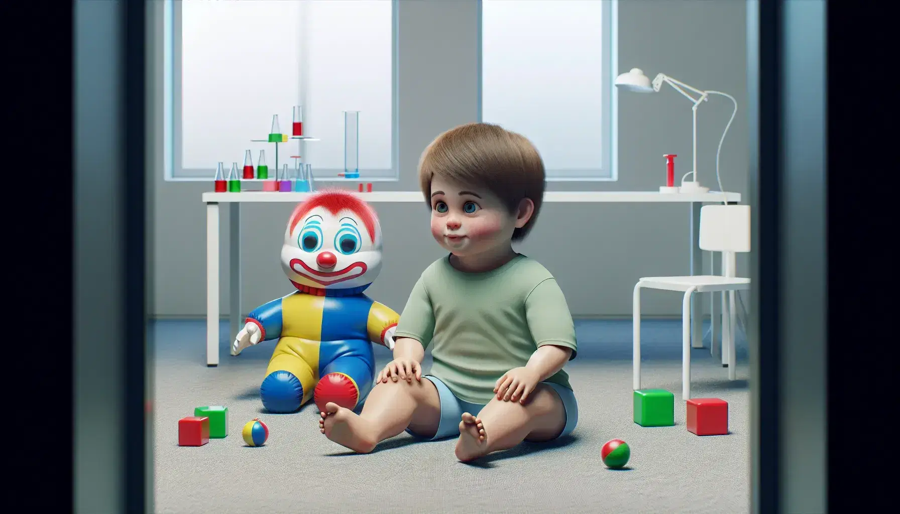 Caucasian boy of about four years old with light brown hair sitting on the floor playing with an inflatable Bobo doll in a controlled laboratory.