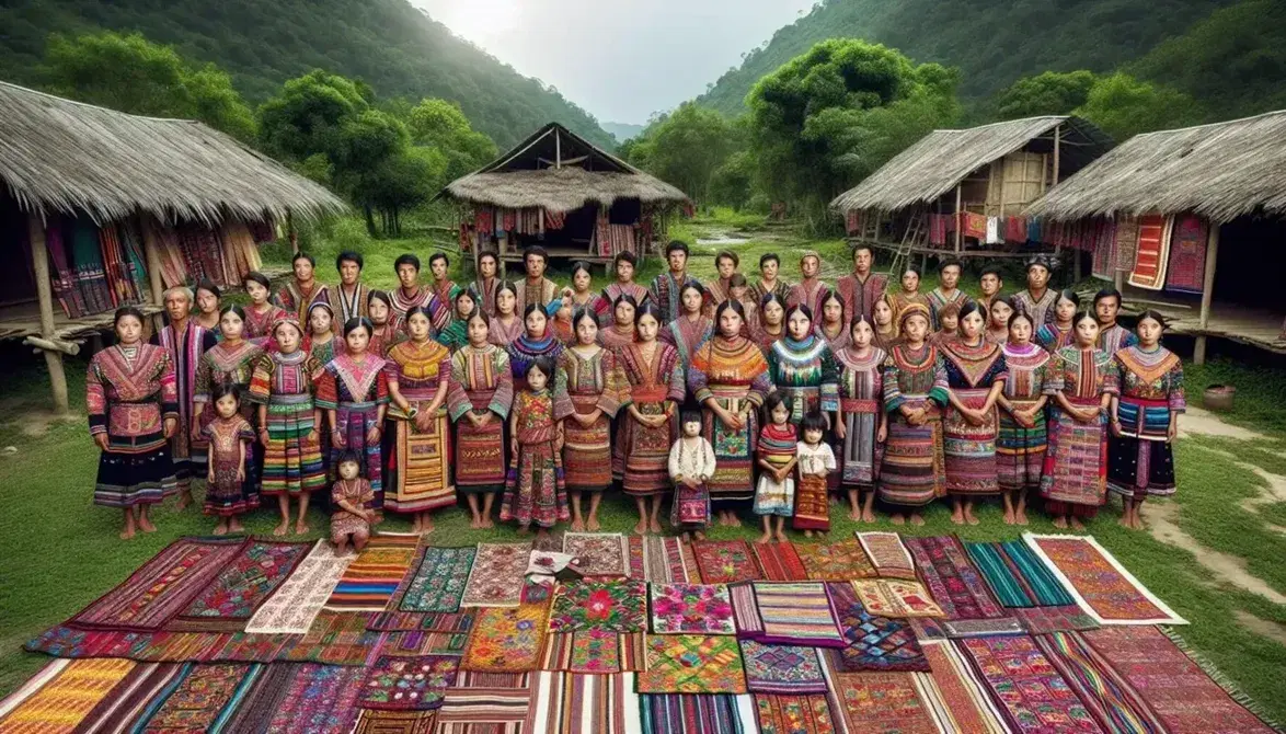 Grupo diverso de personas en atuendos tradicionales coloridos al aire libre, con textiles artesanales y naturaleza de fondo.
