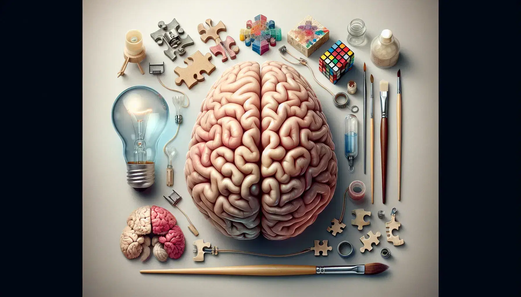 Sezione sagittale dettagliata del cervello umano con oggetti creativi circostanti, inclusi bulbo, pennello, puzzle e cubo di Rubik.