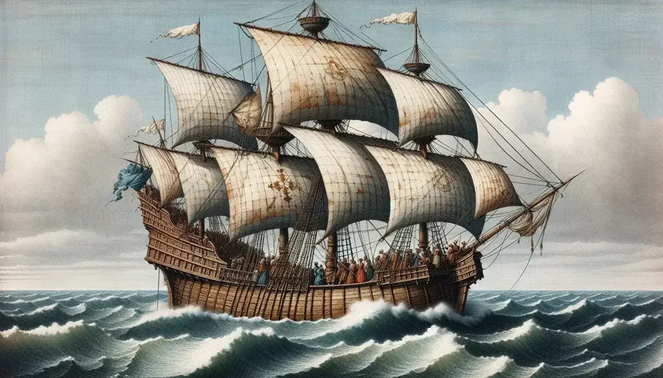 Caravella del XV secolo naviga in mare aperto con vele spiegate, equipaggio in abiti d'epoca su ponte e bussola nautica in primo piano.