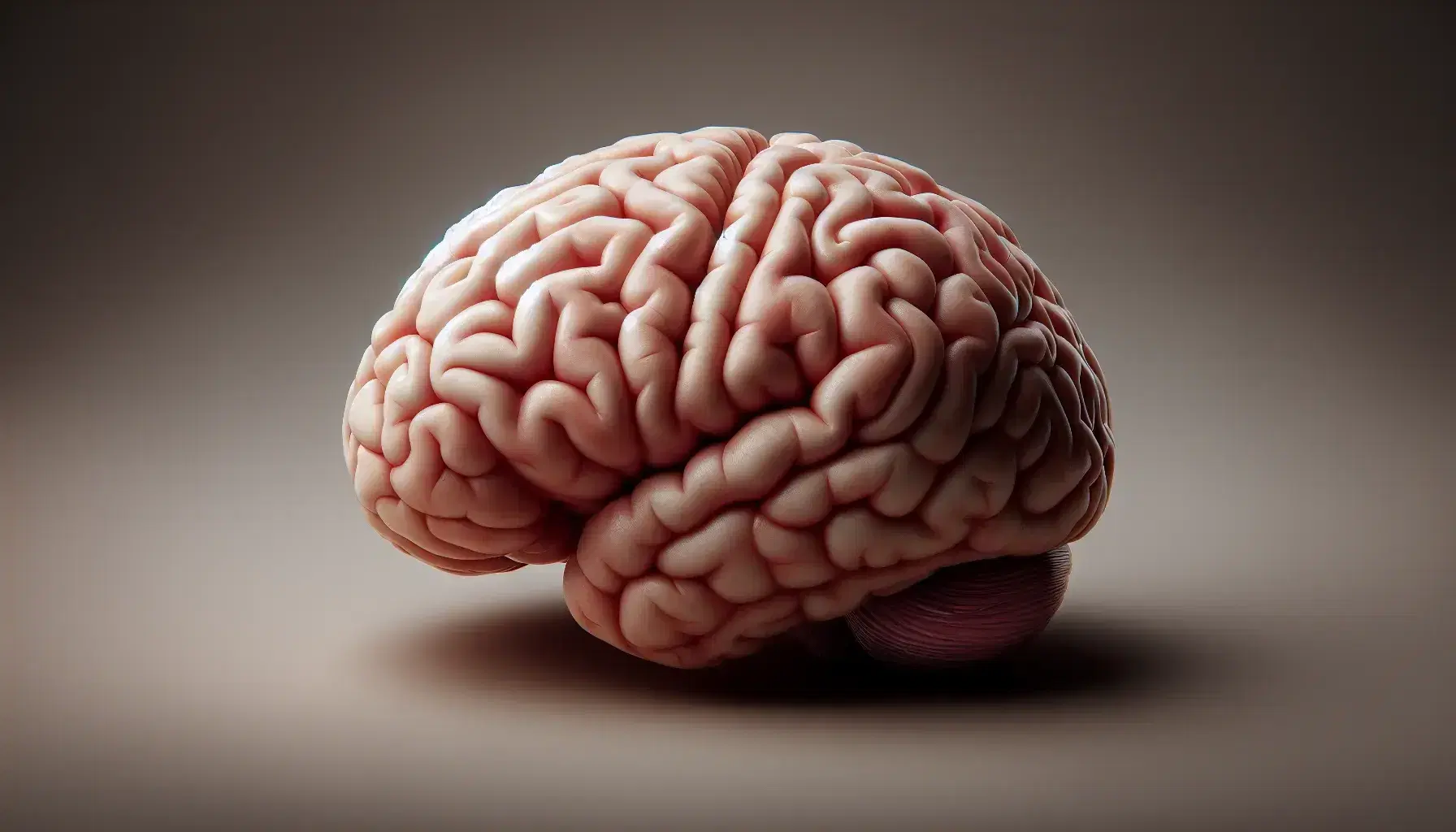 Detailed anatomical model of human brain in lateral view with gyri and sulci on neutral background, ideal for educational content.