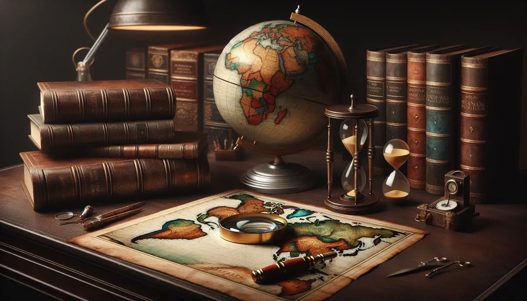 Scrivania in legno scuro con mappamondo, clessidra argento e oro, libri rilegati e lente d'ingrandimento su mappa antica.