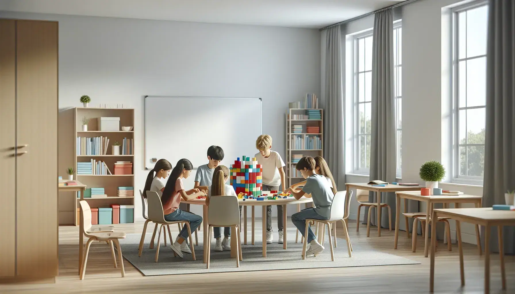 Aula escolar moderna y luminosa con estudiantes trabajando en grupo alrededor de una mesa redonda con bloques de construcción de colores, pizarra blanca y estantería con libros al fondo.