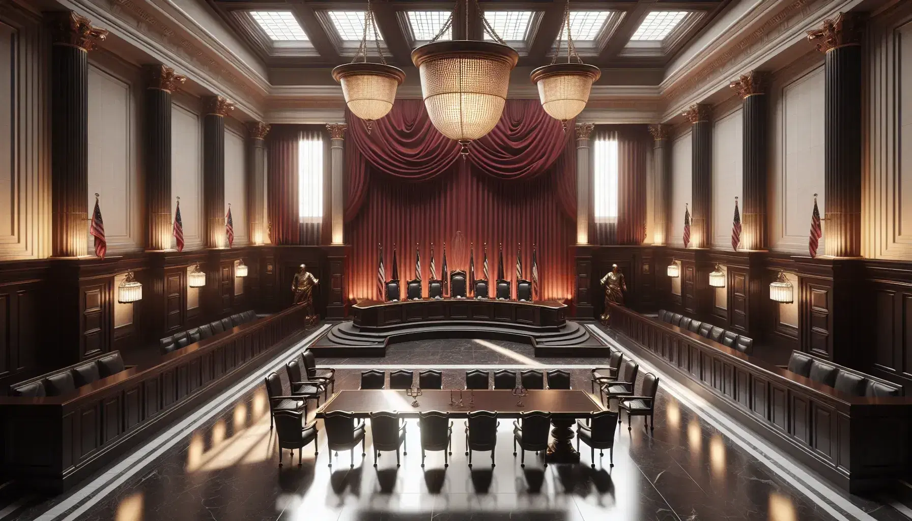 Sala de tribunal solemne con mesa central de madera oscura, sillas de cuero negro, cortina roja y estatua de bronce con balanza y espada.