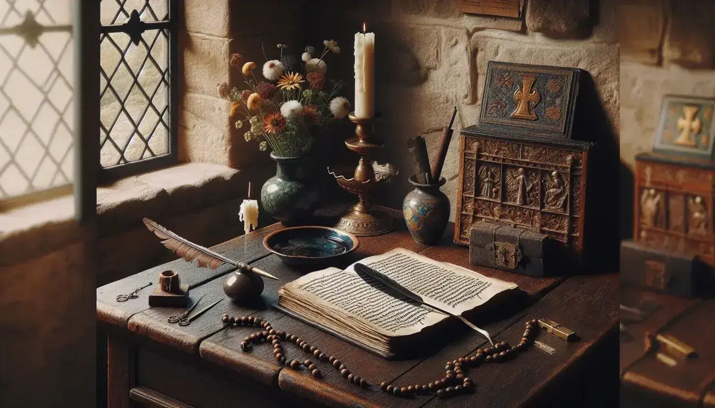 Escritorio de madera antiguo con libro abierto, pluma de ave, tintero cerámico, candelabro de bronce y rosario, en habitación con luz natural y paredes de piedra.