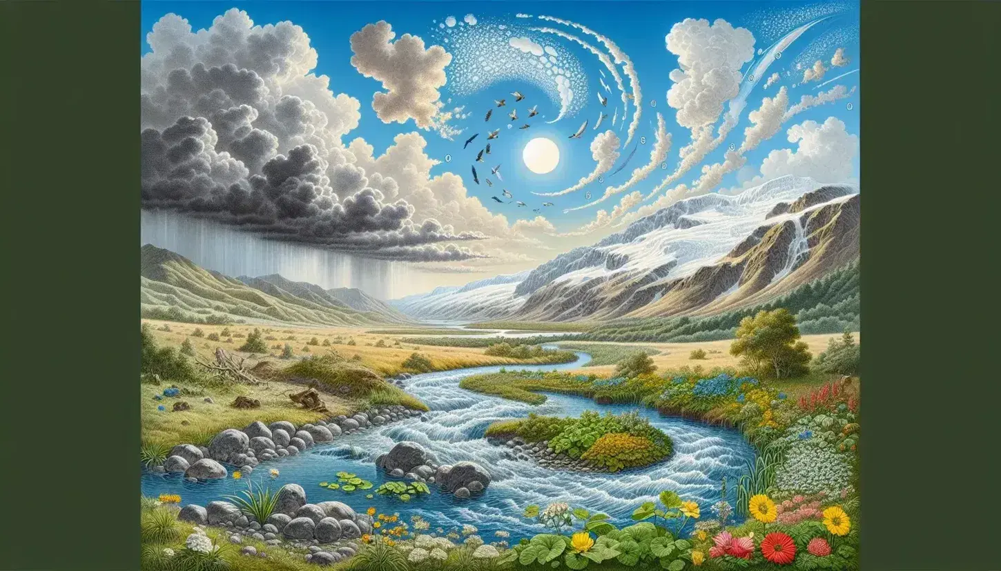 Paisaje natural con río serpenteante, montañas nevadas al horizonte y vegetación verde en las orillas bajo un cielo azul con nubes.
