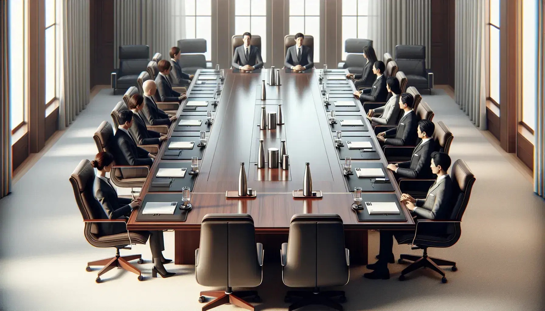 Professional conference room with a long mahogany table, high-back leather chairs, laptops, water bottles, and documents, in a well-lit, neutral-toned space.