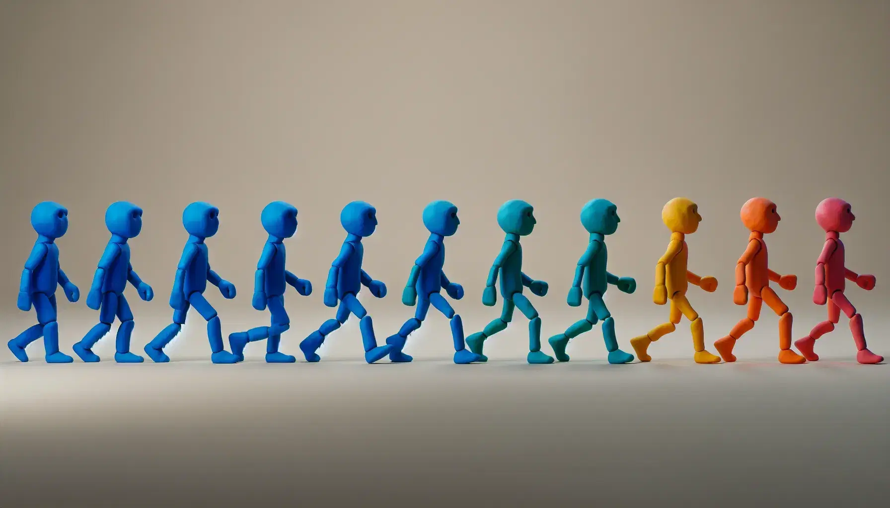 Secuencia de figuras de arcilla de colores mostrando movimiento progresivo desde una postura estática hasta un salto dinámico, con expresiones faciales simples.