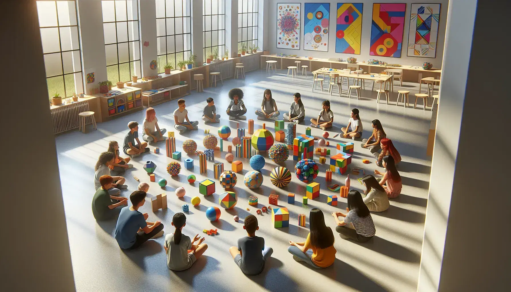 Grupo diverso de estudiantes sentados en círculo en aula luminosa interactuando con bloques de construcción y figuras geométricas, en un ambiente de aprendizaje colaborativo.
