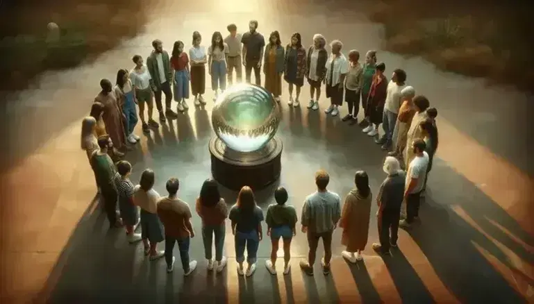 Grupo diverso de personas en círculo alrededor de una esfera de vidrio sobre pedestal de madera, reflejando luz y expresiones de curiosidad, en un entorno exterior diurno.