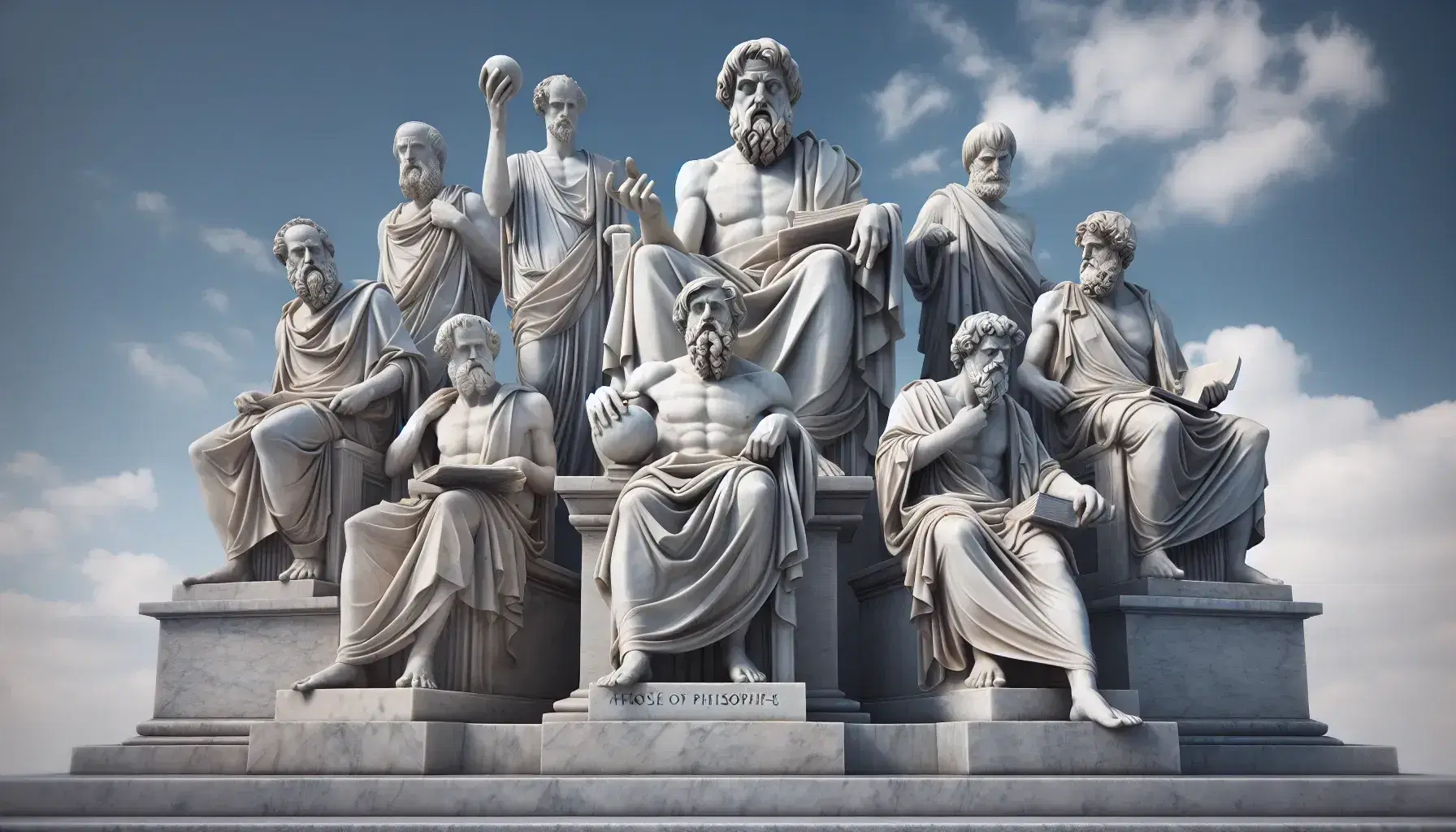 Estatuas de mármol de filósofos griegos antiguos en semicírculo, con cielo azul de fondo, destacando detalles como papiro, libro y esfera en sus manos.