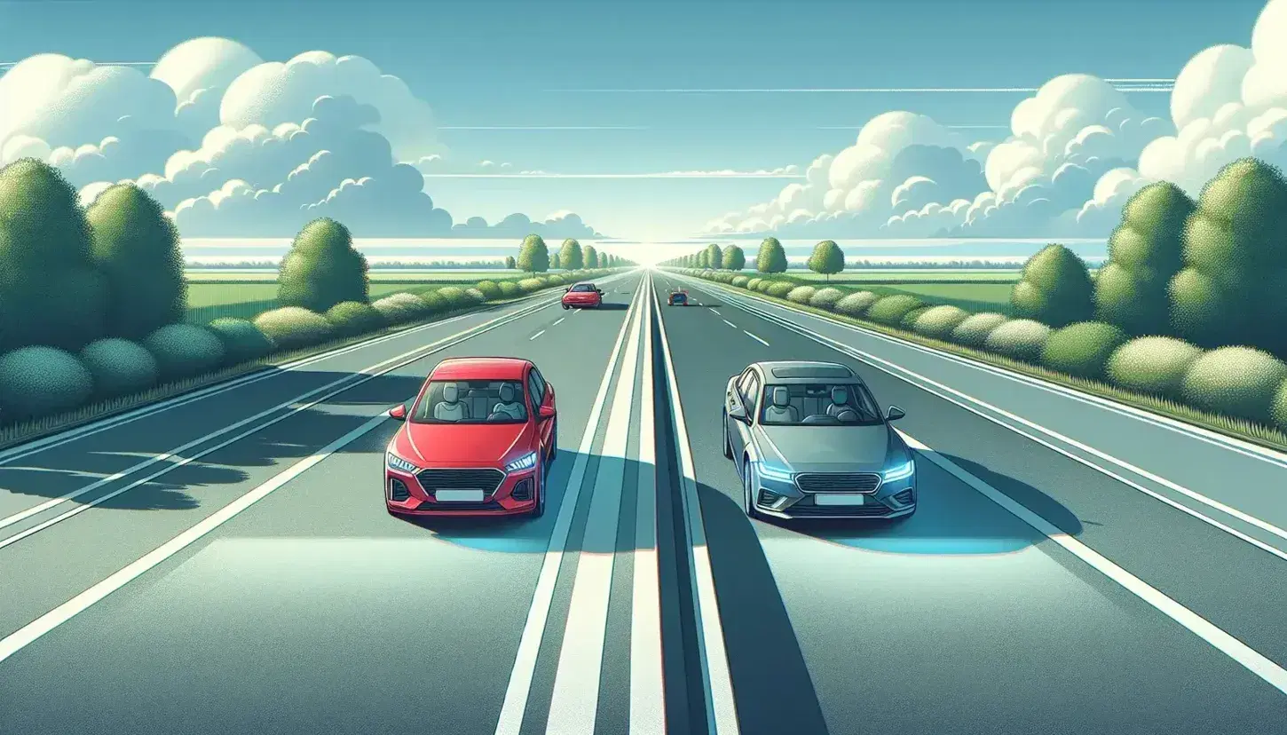 Strada a due corsie con auto rossa seguita a distanza di sicurezza da auto grigia, cielo azzurro con nuvole sparse e vegetazione verde ai lati.