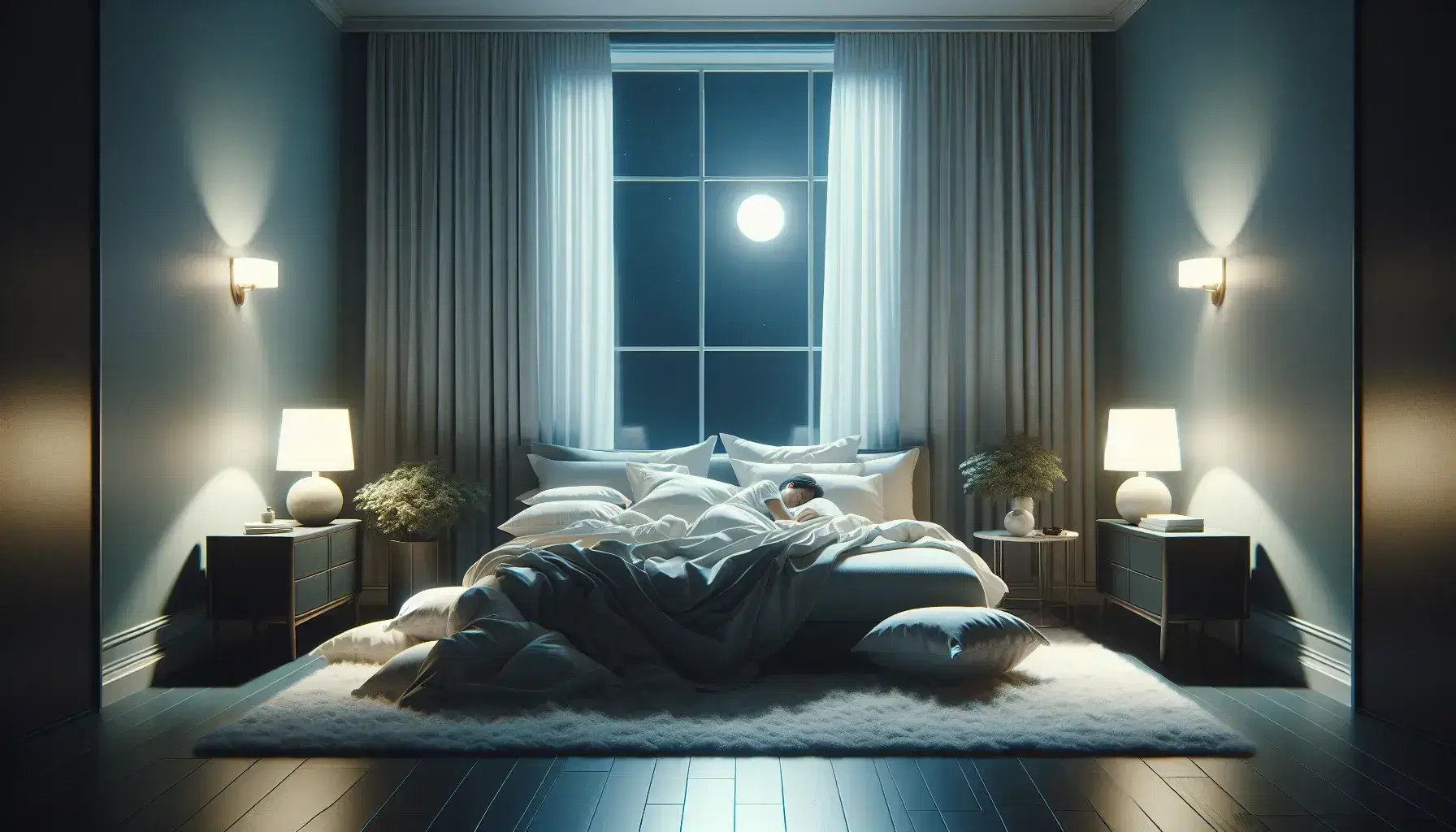 Serene nocturnal bedroom with large bed, white duvet, soft pillows, wooden bedside tables, white lamps and window open to the night.