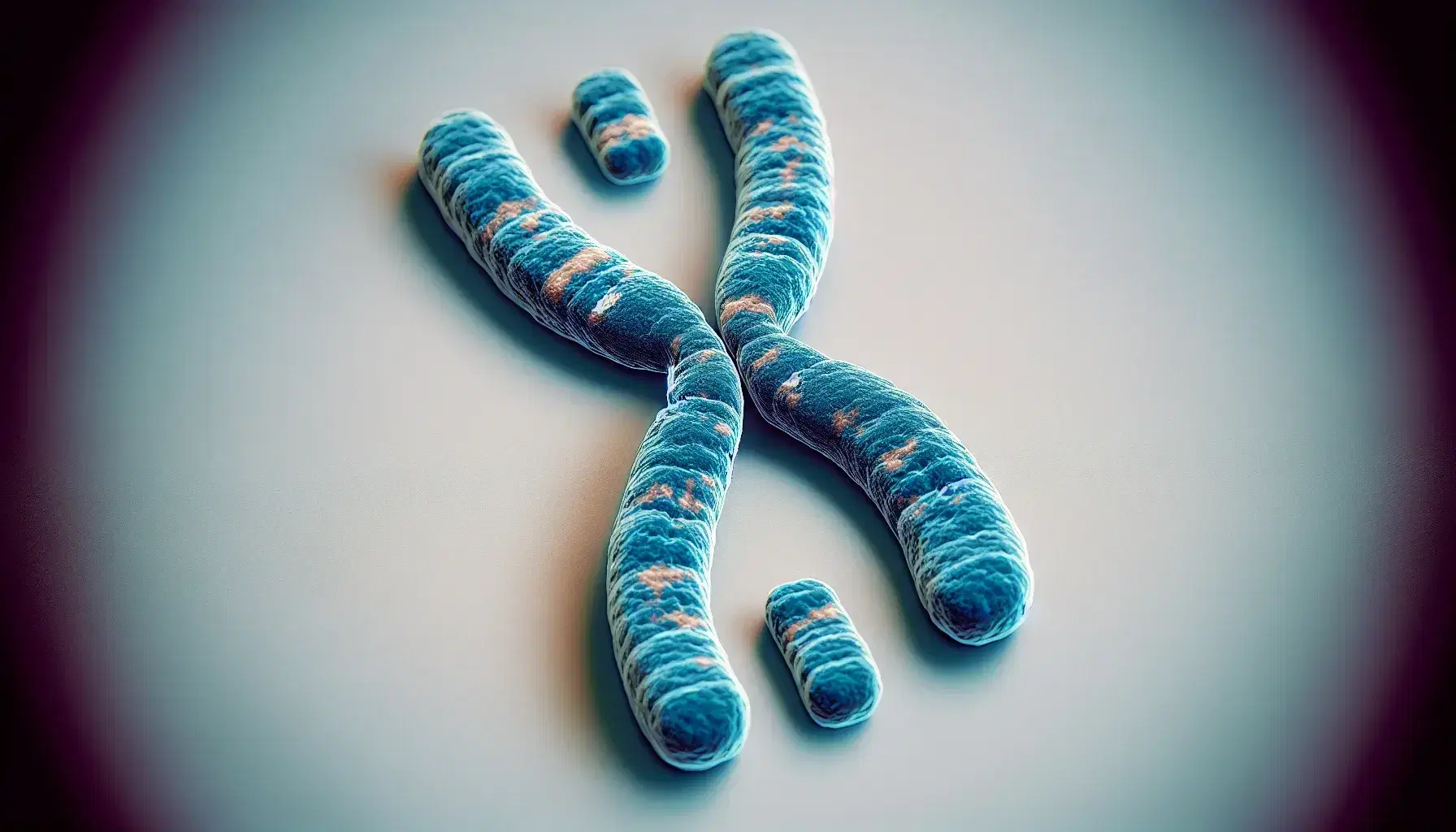 Cromosoma humano en primer plano con estructura en forma de X, centrómero claro y bandas de genes en brazos azules, mostrando una deleción en un brazo corto.